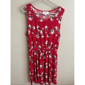 French Grey Red Floral Elastic-Waist Sleeveless Dress size large